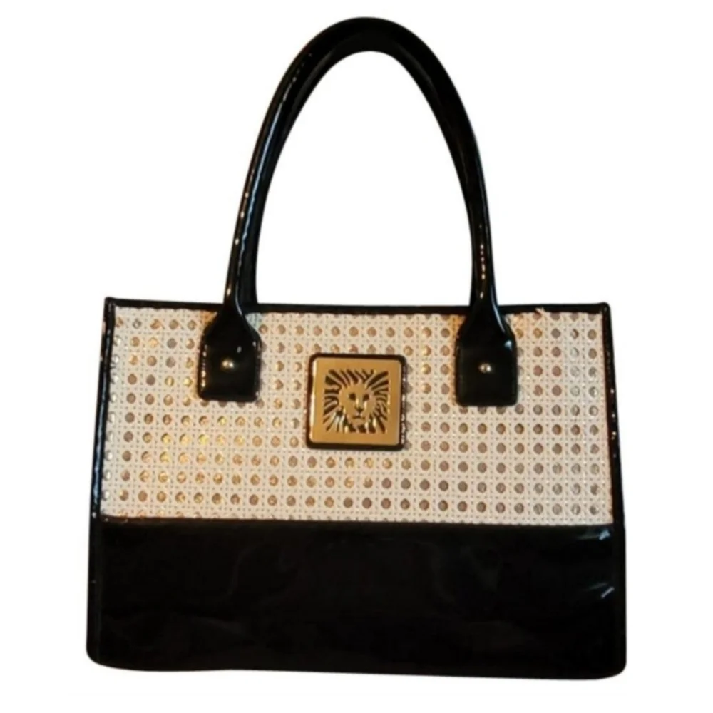 Vintage Anne Klein Lion Head‎ Black Patent and Rattan Satchel